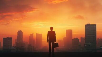 Fototapeta premium Silhouette of a businessperson holding a briefcase against a city skyline.