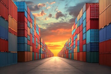 Fototapeta premium Symmetrical view of colorful shipping containers under dramatic sunset sky