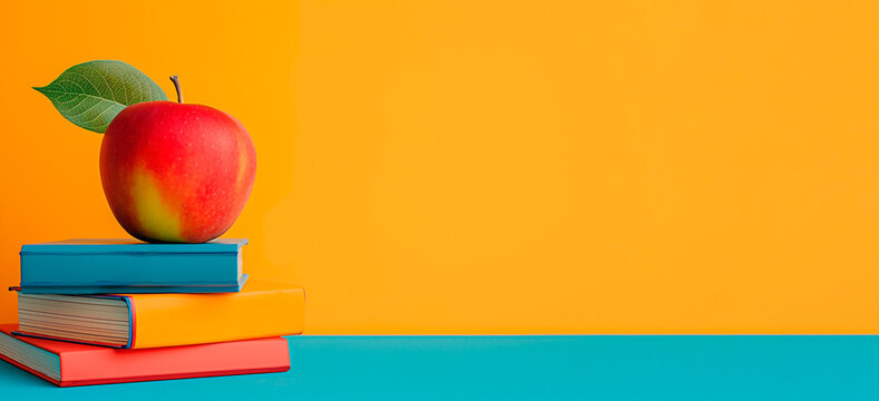 Education colorful mockup with apple on pile of books on yellow background with copy space. Minimalist scholastic composition with study material.