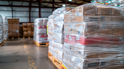 Closeup on pallet with stretch film-wrapped goods ready for transport in a warehouse. Concept of supply chain efficiency depicted through wrapped stock in depot.