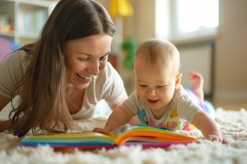 Obraz premium Joyful Young Mother and Baby Playing with Colorful Books at Home