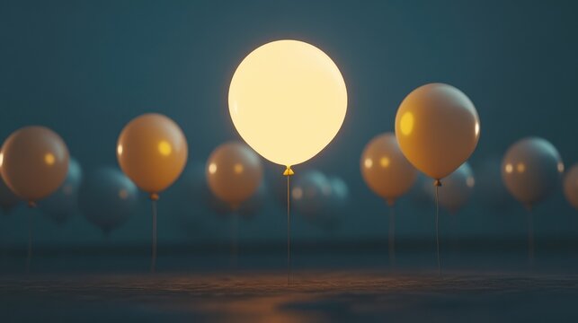 One glowing balloon standing out among dull ones, representing uniqueness and standing out.