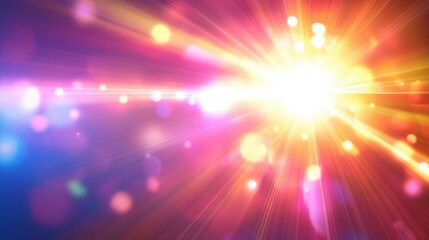 Bright optical lens flares creating a shiny, vibrant background, with light beams and reflections.