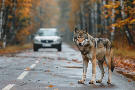 Wolf standing on the road in front of the car on the forest highway in autumn