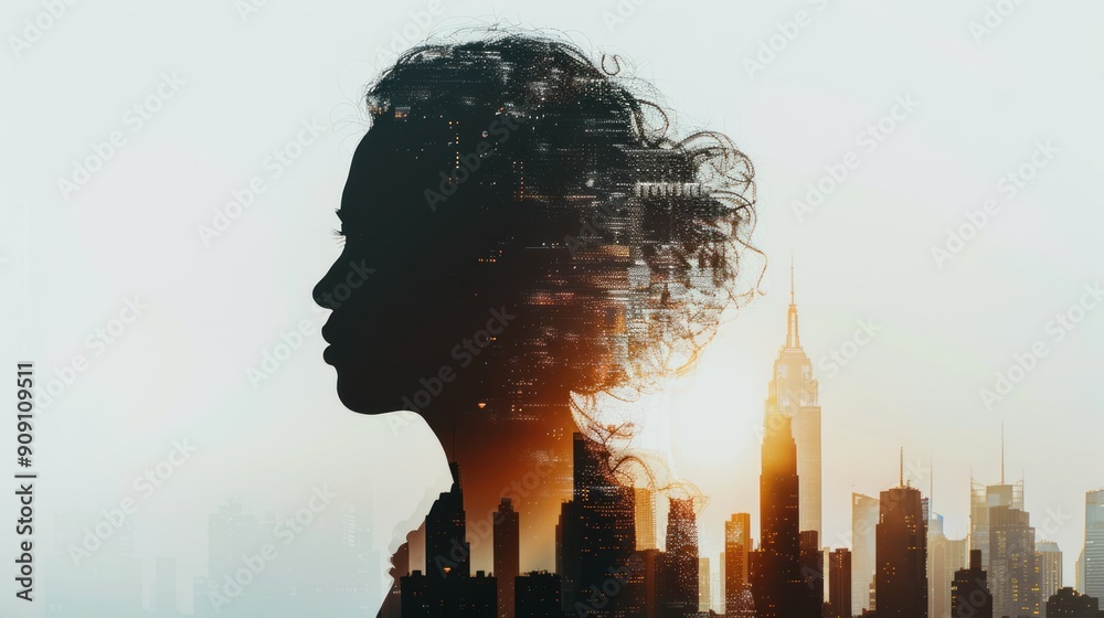 Wall mural Silhouette of a person's profile with a city skyline in the background.