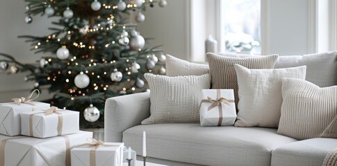 Fototapeta premium Cozy Living Room Decorated for Christmas With Tree and Gifts