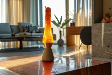 Minimalistic lava lamp on a table in a living room, against a minimalist and light interior