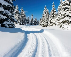 Fototapeta premium Snowcovered road in pine forest, serene winter wonderland scene