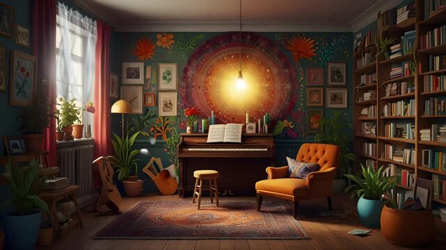 A grand piano sits in a private library room adorned with shelves full of books and some aesthetic decorations. Seamless 4K looping timelapse video animation generated AI