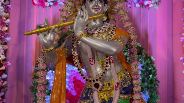 lord krishna idol with beautiful lotus garland decoration of shri krishna jnamastami india at my home