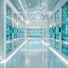 Obraz premium Modern Data Center Interior With Advanced Technology and Bright Lighting at Night