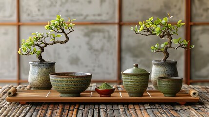 Traditional Japanese tea ceremony with matcha tea, sweets, and ceremonial utensils, isolated on white background
