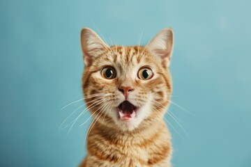 Surprised shocked cat face with open mouth and big eyes isolated solid color background