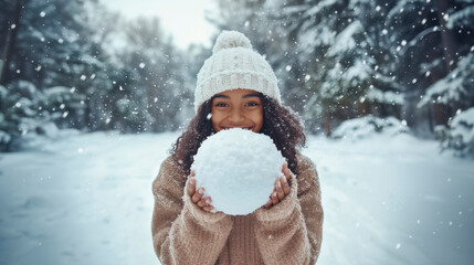 Fototapeta premium A happy afican girl in a white knitted warm hat holds a snow ball in her hands