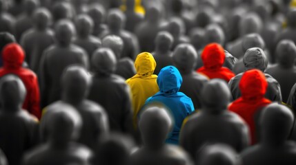 Obraz premium Brightly colored individual in a monochrome crowd
