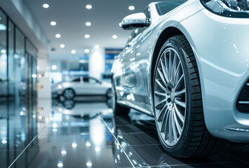 Fototapeta premium New cars in the VIP salon, presented in the auto center for sale or rent