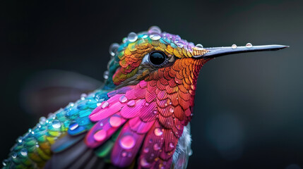 Discover a detailed close-up of a hummingbird's feathers, showcasing vibrant iridescence and water droplets, captured with high dynamic range and sharp focus.