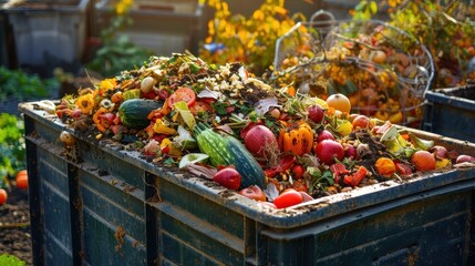 A large compost pile brimming with diverse fruits and vegetable scraps in a community garden during fall