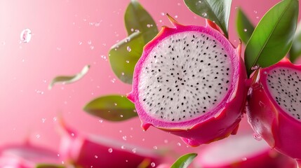 Fresh Dragon Fruit with Leaves on Pink Background