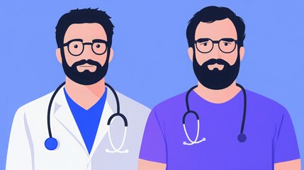 Fototapeta premium Two male doctors with beards, one in a white coat and the other in purple scrubs, posing together against a blue background.