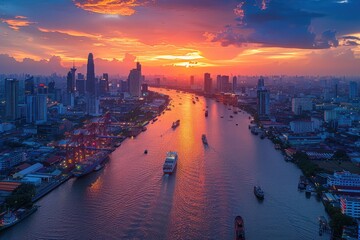 Naklejka premium A city skyline with a river running through it. The sun is setting, casting a warm glow over the city