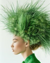 Naklejka premium Woman with vibrant green hair made of grass and foliage, showcasing an artistic hairstyle against a light neutral background