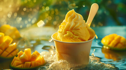 Mango ice cream scoops in a small paper cup surrounded by fresh mangos