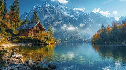 Obraz premium Secluded Cabin by a Mountain Lake