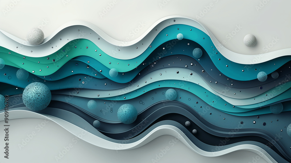 Poster abstract papercut art background with wavy shapes and spheres in blue and green tones