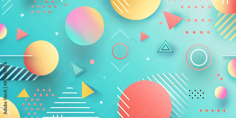 Poster Abstract geometric background featuring circles and triangles floating on blue