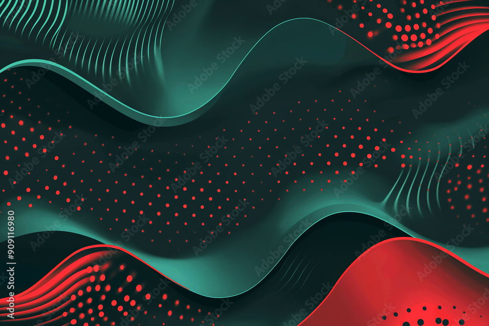 Poster abstract red and green waves flowing on black background with dots