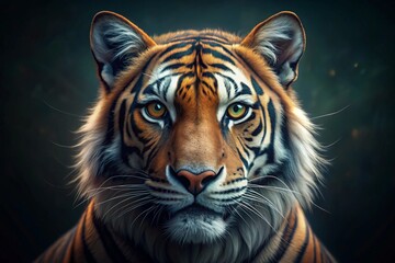Obraz premium A portrait of a tiger with a piercing orange gaze set against a dark background.