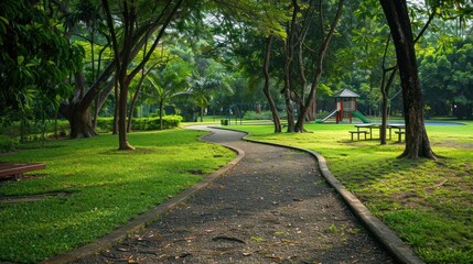 Obraz premium Footpath in a park with playgrounds and picnic areas