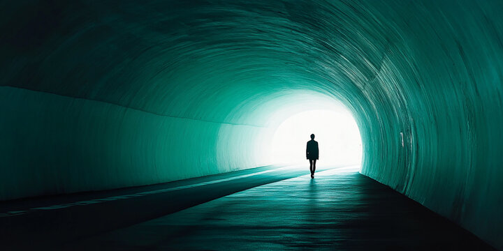 Fototapeta Businessman walking into the light at the end of a tunnel