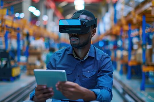 A man wearing a blue shirt is wearing a virtual reality headset and holding a tablet. He is focused on the tablet, possibly using it for work or entertainment. Concept of technology and immersion