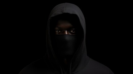 Naklejka premium A person wearing a black hoodie stands against a dark background with their face blurred, creating a mysterious and somewhat ominous atmosphere in the image.