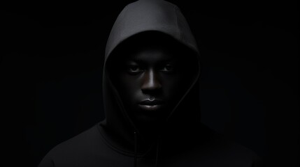 A mysterious portrait of a person in a dark hoodie against a black background, their face partially shadowed, evoking a sense of enigma and introspection.