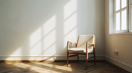 Fototapeta premium An empty chair in a quiet, sunlit room