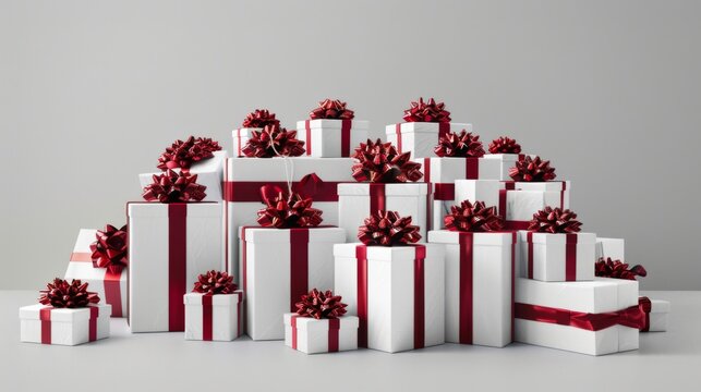A stack of white gift boxes wrapped with red ribbons and bows, arranged artfully on a white table, providing a visually appealing holiday or celebration image.