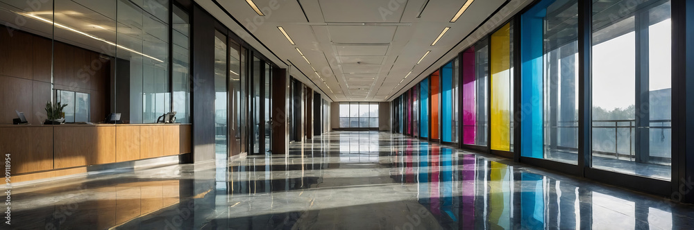 Wall mural Modern office corridor with colorful glass panels and polished floor. Panoramic photo. Business building