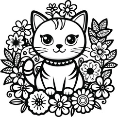 Cute Cat Surrounded by Flowers - Black and White Vector Illustration for Coloring