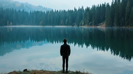 Fototapeta premium A person standing by a lake, reflecting on their thoughts