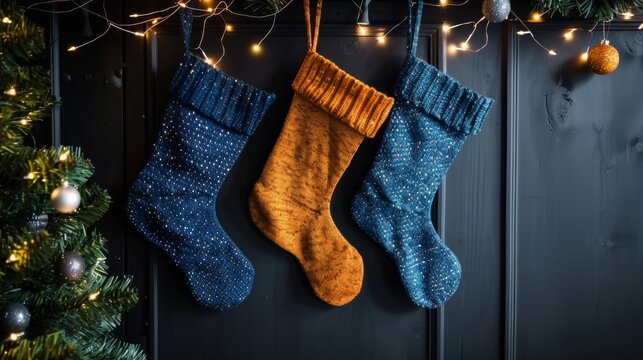 Three Christmas stockings, in blue and orange, with glittering patterns are beautifully hung against a dark background, surrounded by festive lights and Christmas decorations.