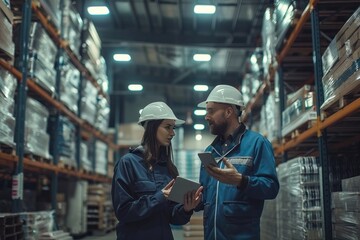 Fototapeta premium Two people in a warehouse, one of them holding a tablet. They are talking to each other