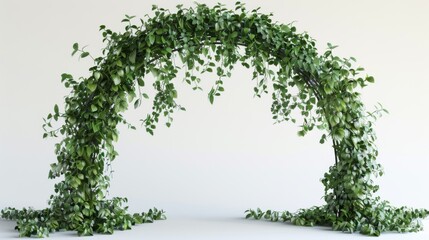 Obraz premium An urban garden features a garden arch composed of green plants and trailing foliage, providing a natural corridor and adding a touch of nature in an urban setting.