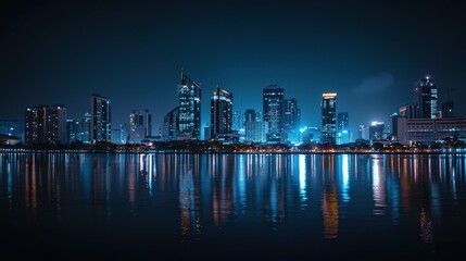 Nighttime cityscape with illuminated skyscrapers and reflections in water