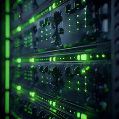 Fototapeta premium Detailed View of High-Tech Server Rack Illuminated by Green LED Lights