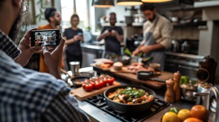 A group of individuals cooking in a well-equipped kitchen while capturing gourmet moments on their mobile phones, emphasizing the communal and social aspect of culinary arts.