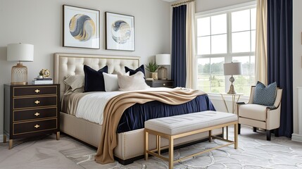 A modern bedroom with a sophisticated color palette of navy blue and gold, featuring a plush bed, elegant drapes, and a stylish dresser.