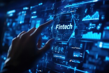 Fintech being selected on a gesture-controlled holographic display, with copy space